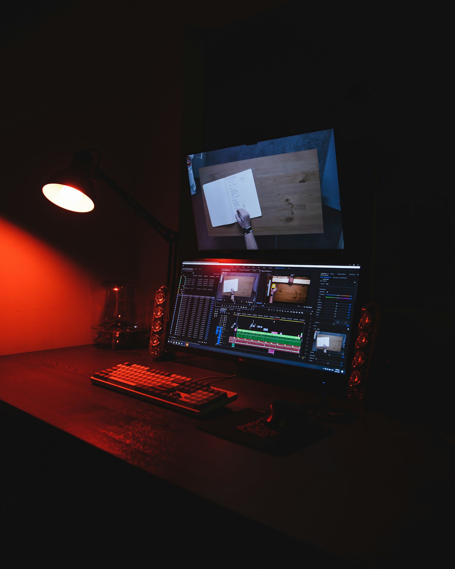 Bàn làm việc biên tập video với màn hình timeline nhiều lớp